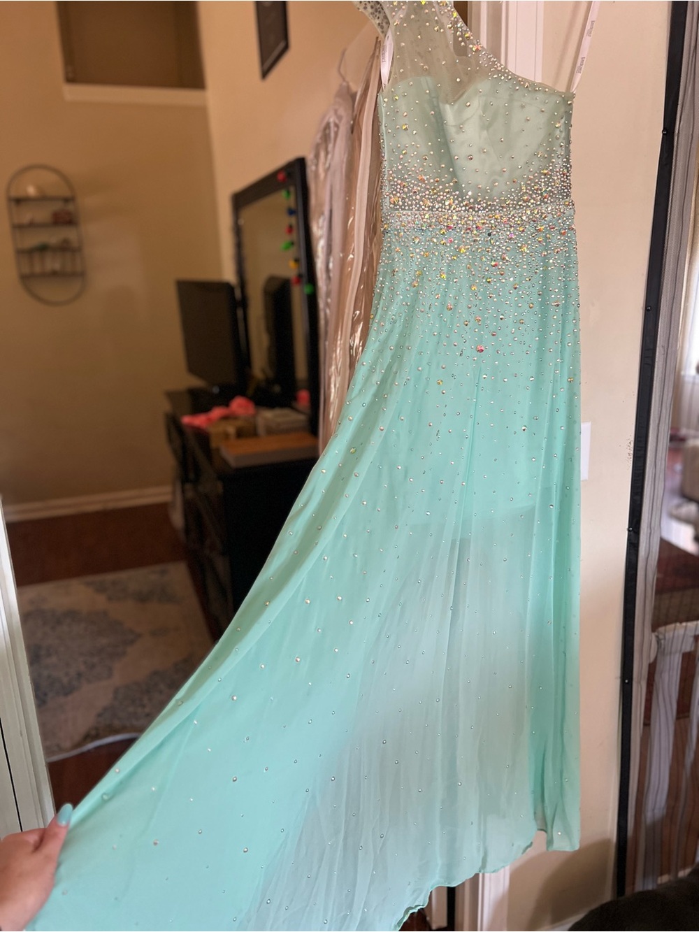 Tony Bowls Mint Satin Evening Dress with Beaded Overlay
